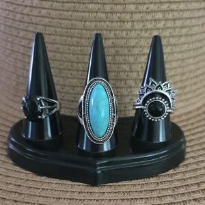 Statement Silver and Turquoise Ring, Starry Night Rings Set Size 8